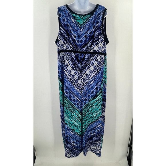 Catherines 2X 22W Blue Green Abstract Print Maxi Dress Sleeveless V-Neck - Picture 2 of 8